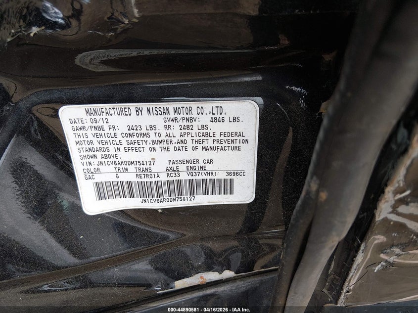 2013 Infiniti G VIN JN1CV6AR0DM754127 IAAI salvage auction — LEFT SIDE, Wait Title, sold $325 on 2026-07-23 (photo 9)