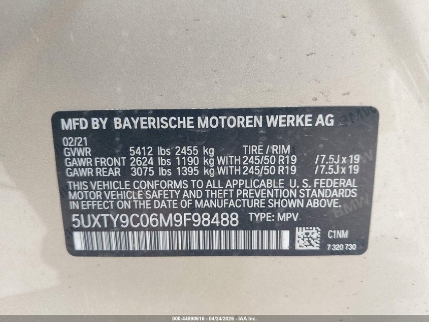 2021 BMW X3 VIN 5UXTY9C06M9F98488 IAAI salvage auction — RIGHT SIDE, Wait Title, sold $14,875 on 2026-07-07 (photo 9)