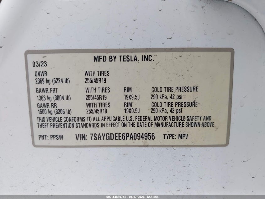 2023 Tesla Model y VIN 7SAYGDEE6PA094956 IAAI salvage auction — LEFT SIDE, Salvage Title, sold $12,550 on 2026-07-23 (photo 9)