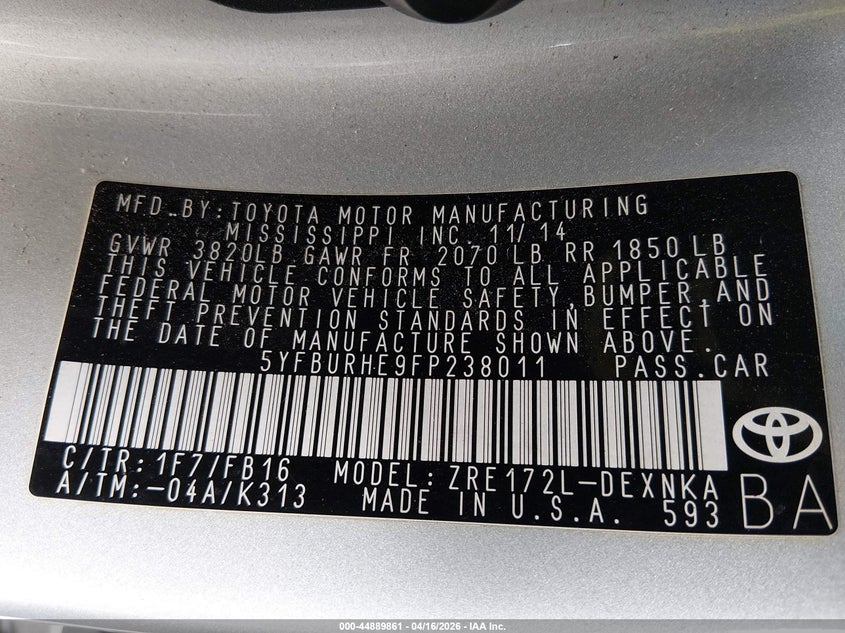 2015 Toyota Corolla VIN 5YFBURHE9FP238011 IAAI salvage auction — FRONT END, Salvage (Texas), sold $925 on 2026-07-15 (photo 9)
