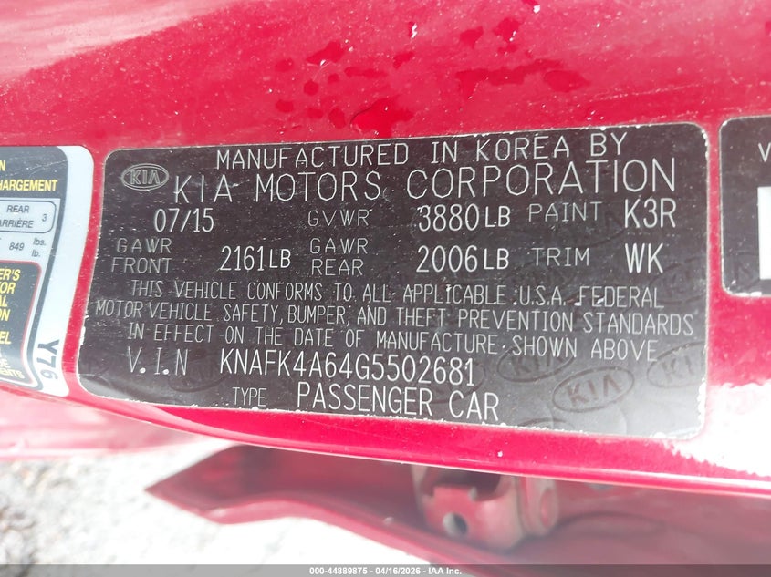2016 Kia Forte VIN KNAFK4A64G5502681 IAAI salvage auction — FRONT END, Salvage Title, sold $650 on 2026-07-14 (photo 9)