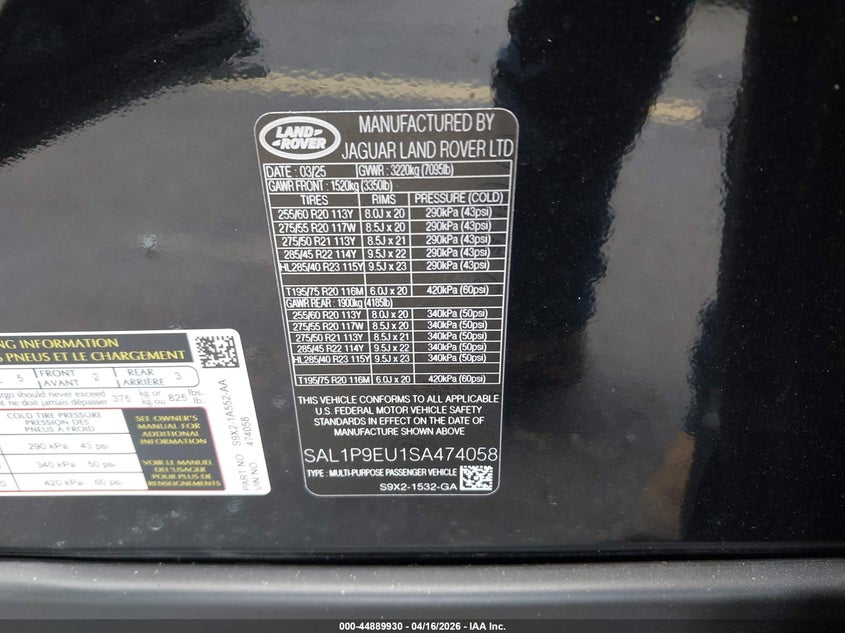 2025 Land rover Range rover sport VIN SAL1P9EU1SA474058 IAAI salvage auction — ALL OVER, Salvage Title, sold $35,000 on 2026-07-09 (photo 9)