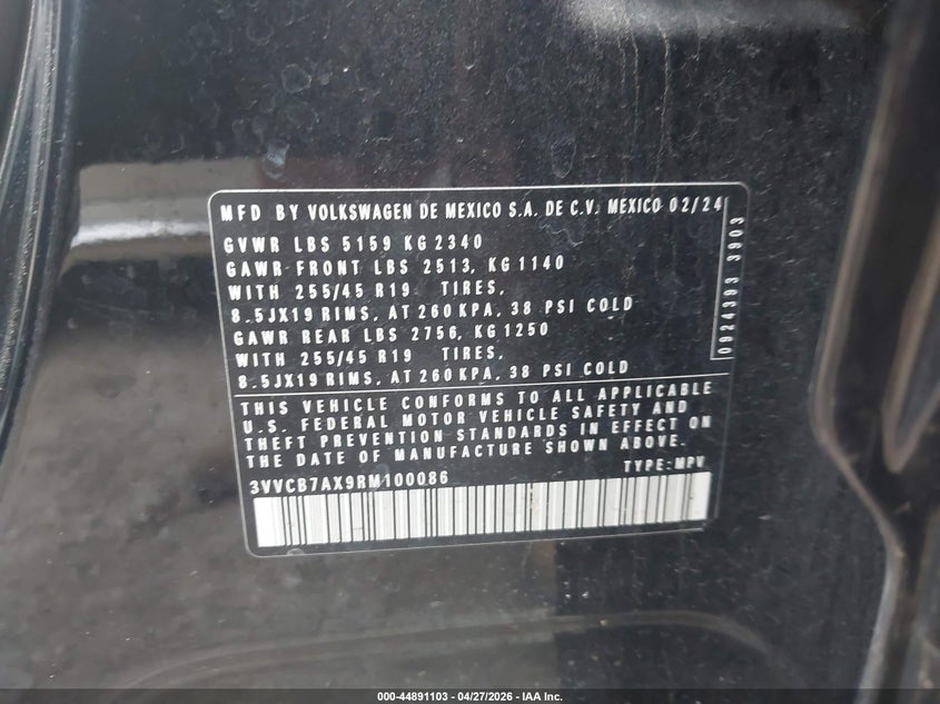 2024 Volkswagen Tiguan VIN 3VVCB7AX9RM100086 IAAI salvage auction — RIGHT REAR, Original (Texas), sold $7,300 on 2026-07-29 (photo 9)