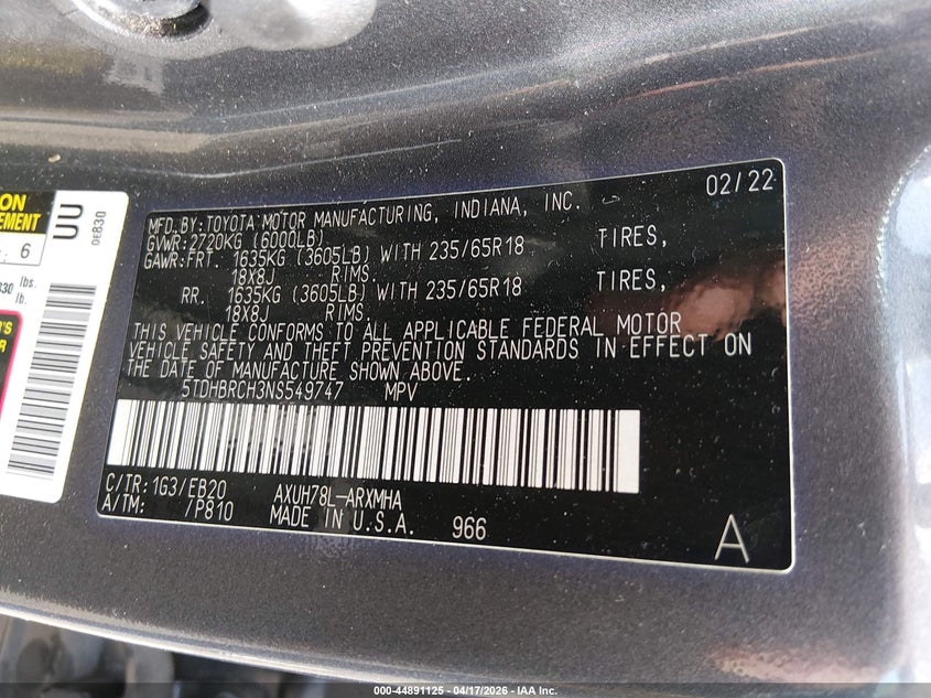 2022 Toyota Highlander VIN 5TDHBRCH3NS549747 IAAI salvage auction — FRONT END, Salvage Title, sold $9,800 on 2026-07-30 (photo 9)