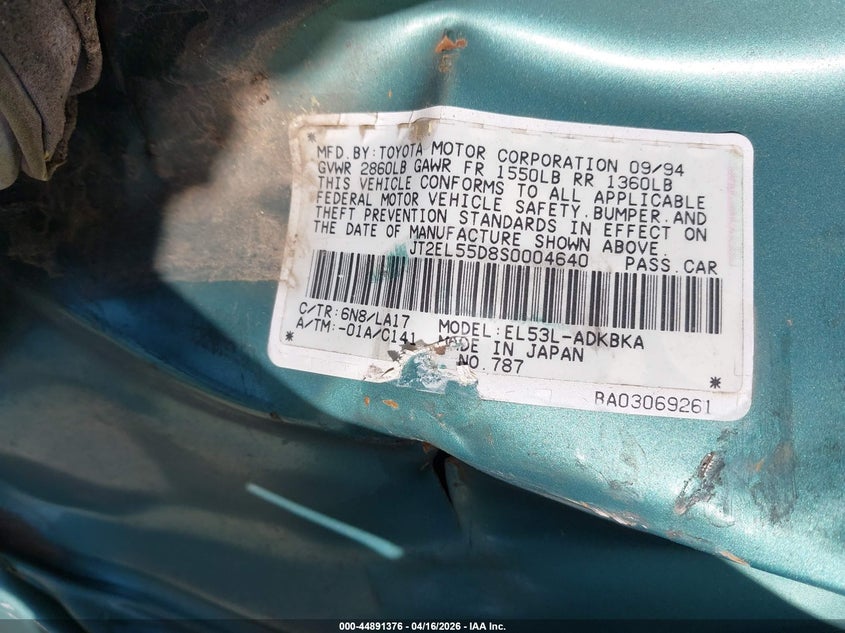 1995 Toyota Tercel VIN JT2EL55D8S0004640 IAAI salvage auction — ALL OVER, Clear (Virginia), sold $175 on 2026-07-31 (photo 9)