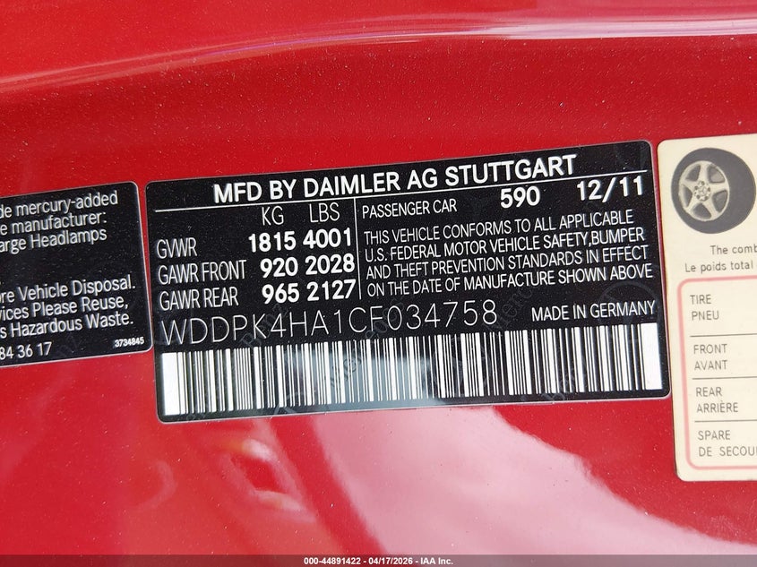 2012 Mercedes-benz Slk-klasse VIN WDDPK4HA1CF034758 IAAI salvage auction — LEFT REAR, Salvage (Texas), sold $925 on 2026-07-28 (photo 9)