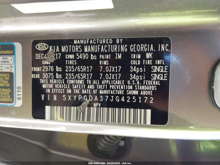 2018 Kia Sorento VIN 5XYPGDA37JG425172 IAAI salvage auction — LEFT FRONT, Salvage Title, sold $25 on 2026-07-28 (photo 9)
