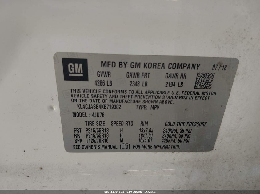 2019 Buick Encore VIN KL4CJASB4KB719302 IAAI salvage auction — RIGHT FRONT, Rebuildable (Florida), sold $875 on 2026-07-28 (photo 9)