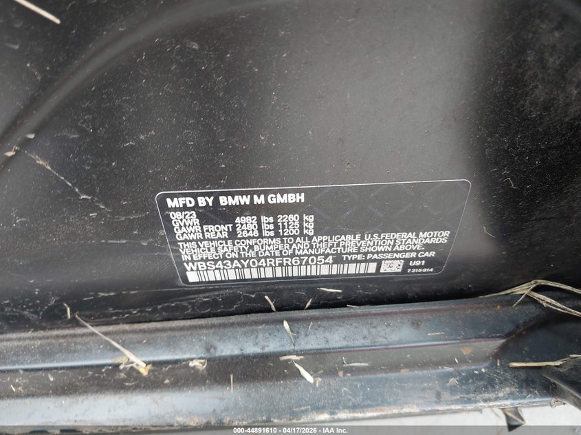 2024 BMW M3 VIN WBS43AY04RFR67054 IAAI salvage auction — Front End, Salvage (Texas), sold $22,800 on 2026-06-09 (photo 9)