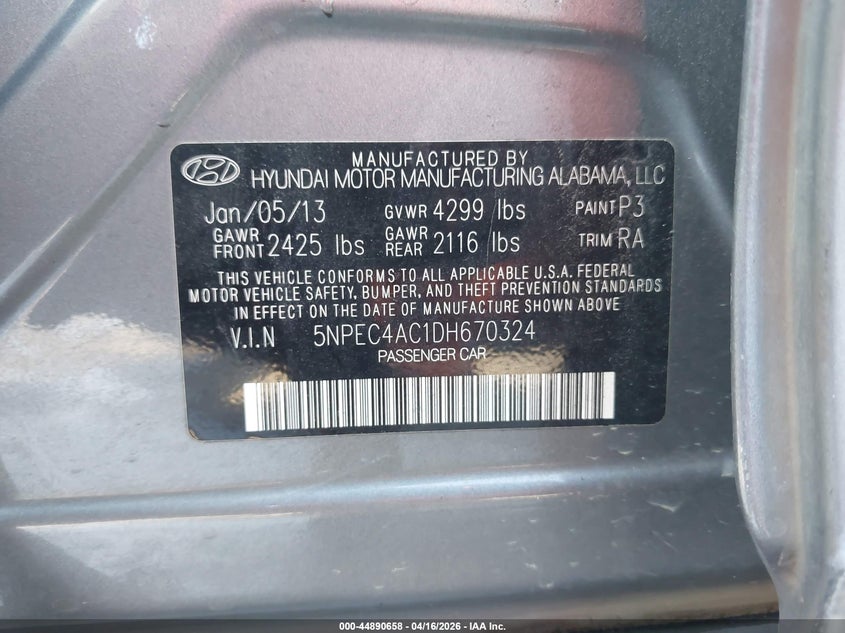 2013 Hyundai Sonata VIN 5NPEC4AC1DH670324 IAAI salvage auction — FRONT END, Salvage (North Carolina), sold $225 on 2026-07-23 (photo 9)