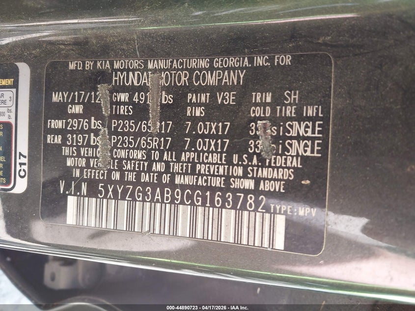2012 Hyundai Santa fe VIN 5XYZG3AB9CG163782 IAAI salvage auction — RIGHT FRONT, Salvage Title, sold $300 on 2026-07-28 (photo 9)
