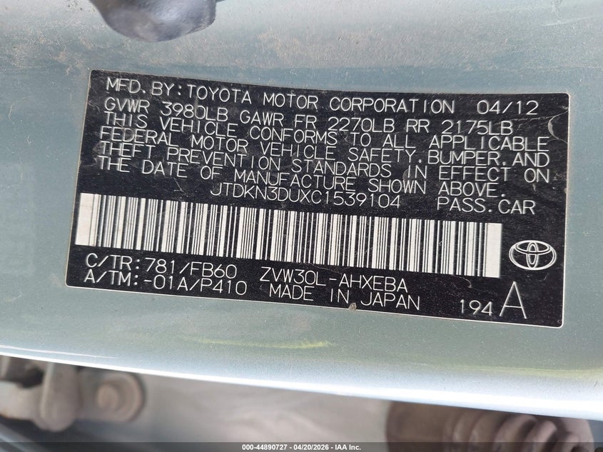 2012 Toyota Prius VIN JTDKN3DUXC1539104 IAAI salvage auction — FRONT END, Bill Of Sale (Washington), sold $275 on 2026-07-14 (photo 9)