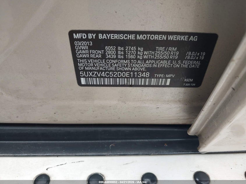 2013 BMW X5 VIN 5UXZV4C52D0E11348 IAAI salvage auction — FRONT END, Wait Title, sold $1,950 on 2026-07-10 (photo 9)