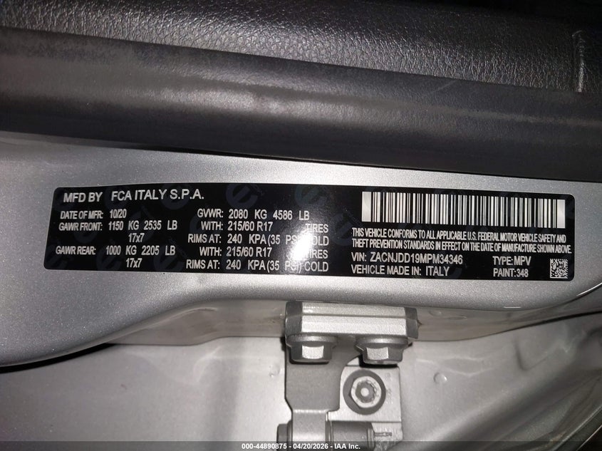 2021 Jeep Renegade VIN ZACNJDD19MPM34346 IAAI salvage auction — FRONT END, Salvage (Maine), sold $3,125 on 2026-07-20 (photo 9)