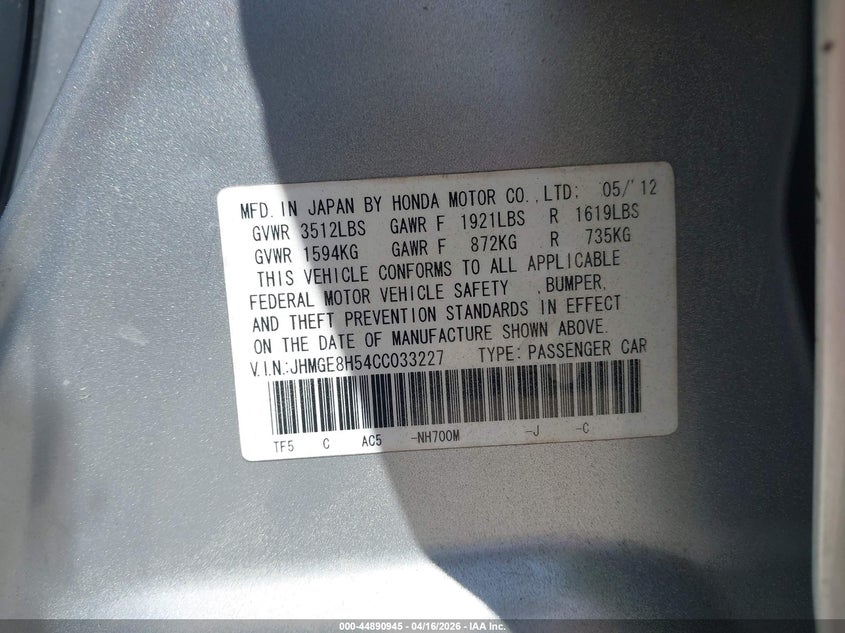 2012 Honda Fit VIN JHMGE8H54CC033227 IAAI salvage auction — FRONT END, Salvage Title, sold $725 on 2026-07-15 (photo 9)
