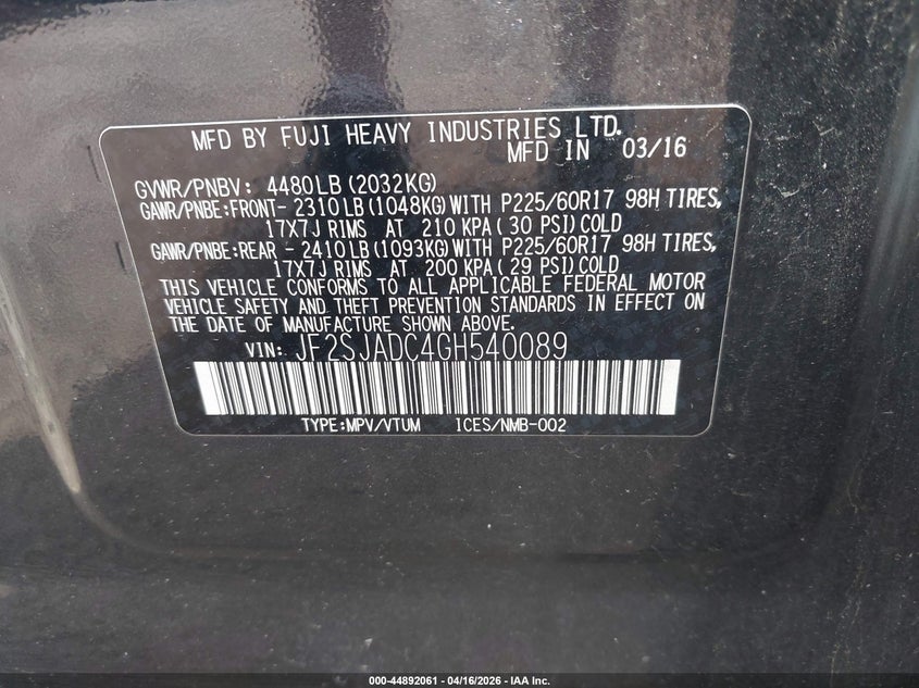 2016 Subaru Forester VIN JF2SJADC4GH540089 IAAI salvage auction — NORMAL WEAR, Salvage Title, sold $925 on 2026-07-21 (photo 9)