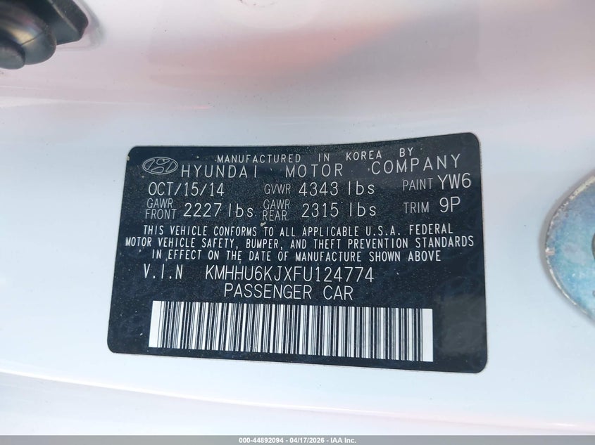 2015 Hyundai Genesis VIN KMHHU6KJXFU124774 IAAI salvage auction — FRONT END, Salvage (Georgia), sold $2,500 on 2026-07-07 (photo 9)