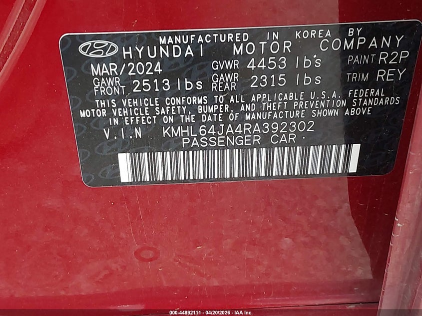 2024 Hyundai Sonata VIN KMHL64JA4RA392302 IAAI salvage auction — REAR END, Salvage (Texas), sold $4,200 on 2026-07-14 (photo 9)
