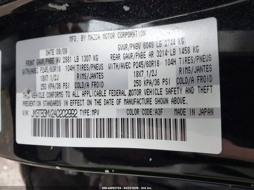 2010 Mazda Cx-9 VIN JM3TB3MV2A0202992 IAAI salvage auction — NORMAL WEAR, Salvage (Texas), sold $425 on 2026-07-14 (photo 9)