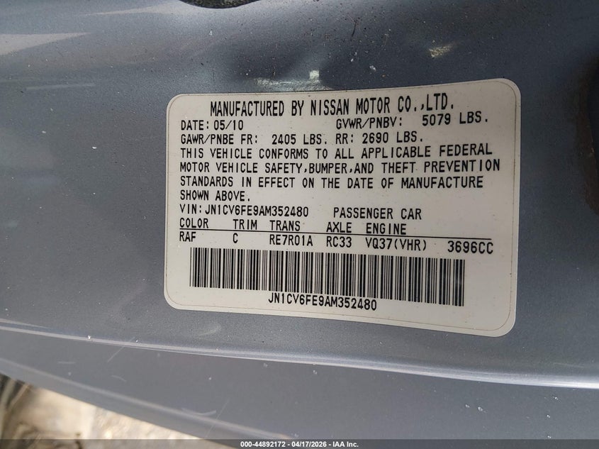 2010 Infiniti G37 VIN JN1CV6FE9AM352480 IAAI salvage auction — BIO HAZARD, Bill Of Sale (Colorado), sold $25 on 2026-07-21 (photo 9)