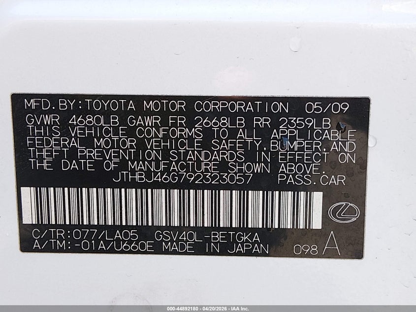2009 Lexus ES VIN JTHBJ46G792323057 IAAI salvage auction — RIGHT FRONT, Clear (Hawaii), sold $825 on 2026-07-14 (photo 9)