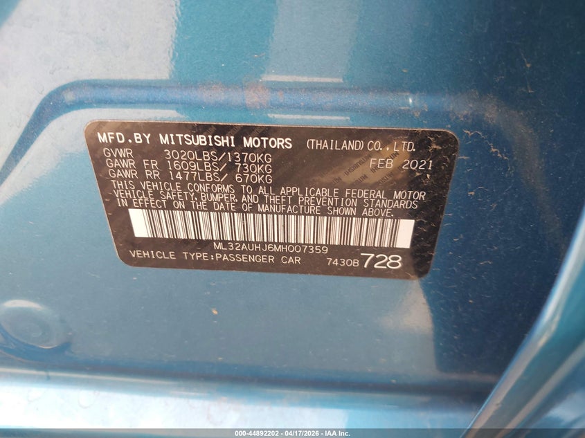 2021 Mitsubishi Mirage VIN ML32AUHJ6MH007359 IAAI salvage auction — LEFT & RIGHT, Original (Texas), sold $2,550 on 2026-07-06 (photo 9)