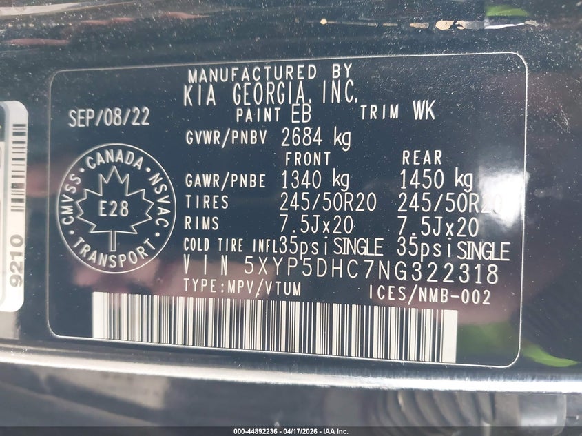 2022 Kia Telluride VIN 5XYP5DHC7NG322318 IAAI salvage auction — FRONT END, Salvage Title, sold $8,500 on 2026-07-29 (photo 9)