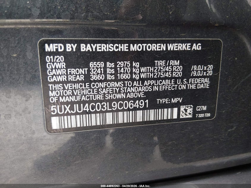 2020 BMW X5 VIN 5UXJU4C03L9C06491 IAAI salvage auction — FRONT END, Salvage (California), sold $20,100 on 2026-07-30 (photo 9)