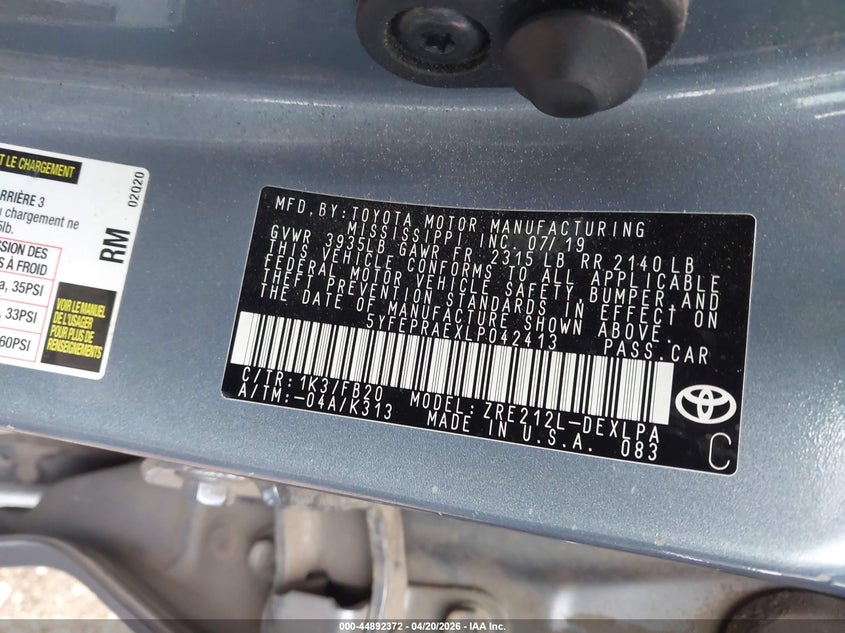 2020 Toyota Corolla VIN 5YFEPRAEXLP042413 IAAI salvage auction — FRONT END, Salvage (Texas), sold $3,050 on 2026-07-13 (photo 9)