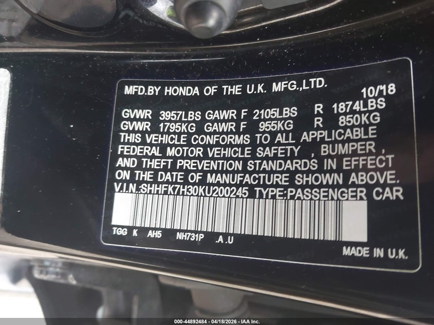 2019 Honda Civic VIN SHHFK7H30KU200245 IAAI salvage auction — RIGHT REAR, Junk Bill Of Sale Mv2459 (Wisconsin), sold $3,300 on 2026-07-07 (photo 9)