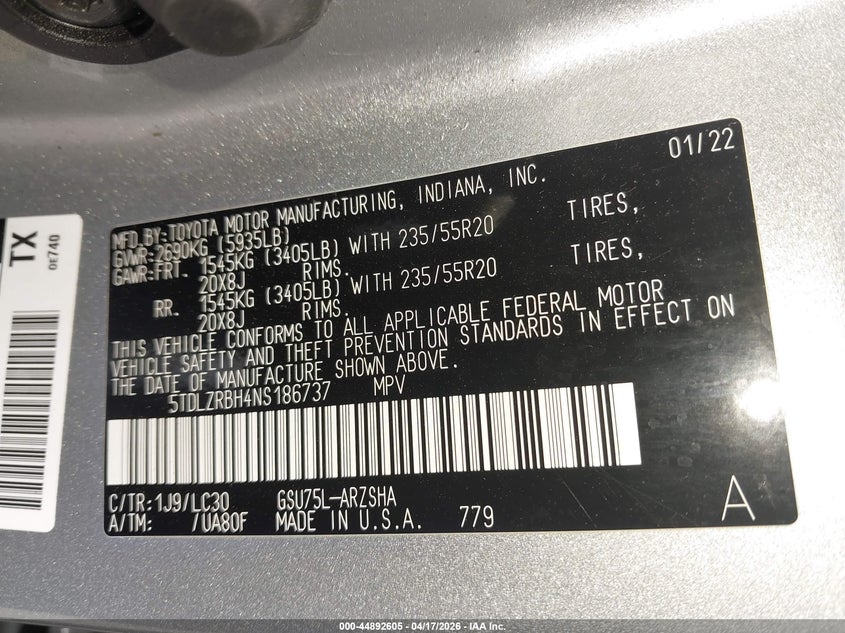 2022 Toyota Highlander VIN 5TDLZRBH4NS186737 IAAI salvage auction — FRONT & REAR, Salvage Title, sold $6,500 on 2026-07-28 (photo 9)