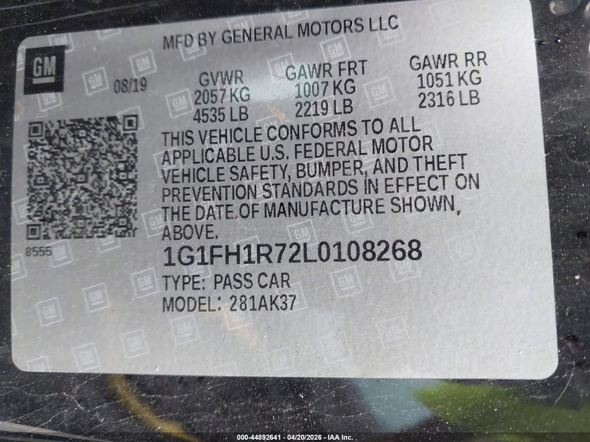 2020 Chevrolet Camaro VIN 1G1FH1R72L0108268 IAAI salvage auction — FRONT END, Salvage Title, sold $10,300 on 2026-07-09 (photo 9)