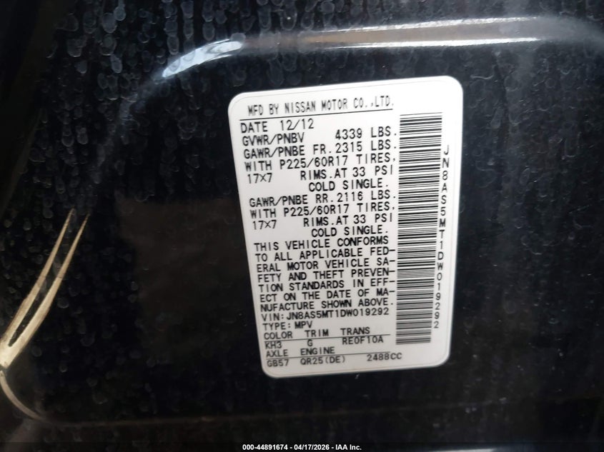2013 Nissan Rogue VIN JN8AS5MT1DW019292 IAAI salvage auction — REAR END, Salvage Title, sold $625 on 2026-07-29 (photo 9)
