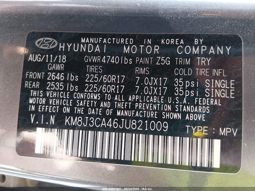2018 Hyundai Tucson VIN KM8J3CA46JU821009 IAAI salvage auction — FRONT END, Salvage (Massachusetts), sold $2,100 on 2026-07-21 (photo 9)
