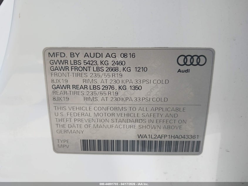 2017 Audi Q5 VIN WA1L2AFP1HA043361 IAAI salvage auction — FRONT END, Salvage - Greater Than 75% (Maryland), sold $2,550 on 2026-07-07 (photo 9)
