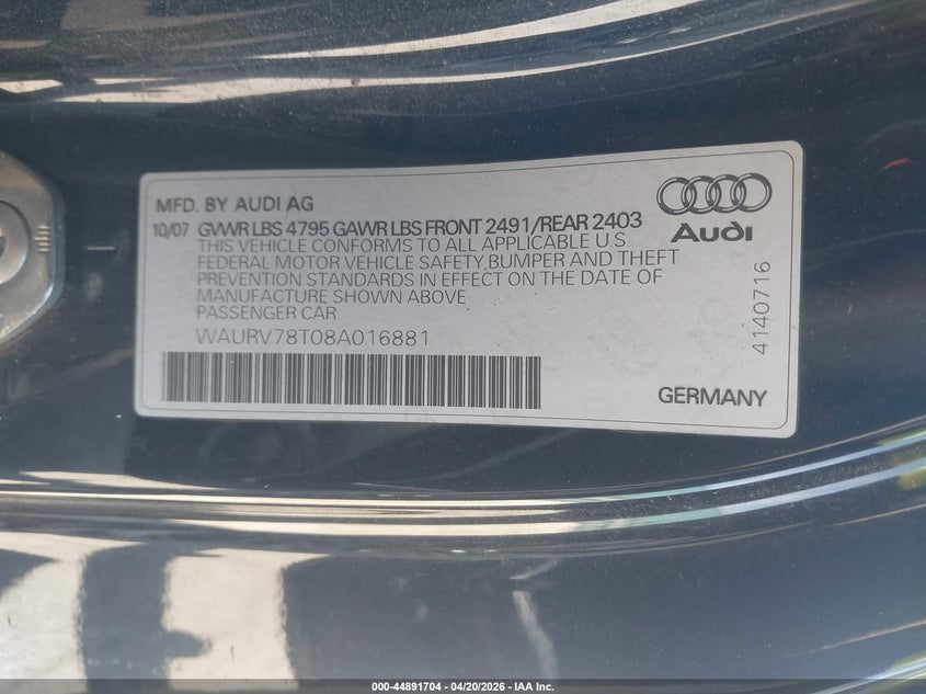 2008 Audi S5 VIN WAURV78T08A016881 IAAI salvage auction — NORMAL WEAR, Salvage (Texas), sold $1,050 on 2026-07-21 (photo 9)