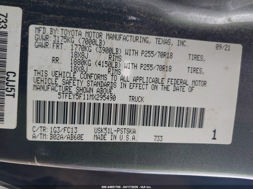 2021 Toyota Tundra VIN 5TFEY5F11MX295490 IAAI salvage auction — FRONT END, Original (Texas), sold $9,100 on 2026-07-29 (photo 9)