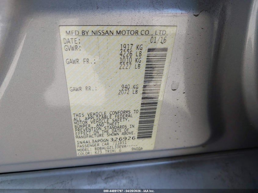 2016 Nissan Altima VIN 1N4AL3AP0GN326926 IAAI salvage auction — RIGHT SIDE, Salvage (California), sold $975 on 2026-07-09 (photo 9)