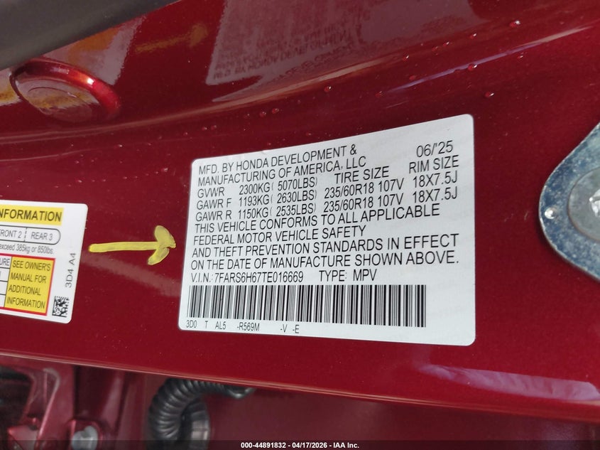 2026 Honda Cr-v VIN 7FARS6H67TE016669 IAAI salvage auction — FRONT END, Salvage Title, sold $16,125 on 2026-07-14 (photo 9)