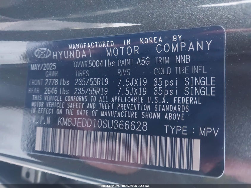 2025 Hyundai Tucson VIN KM8JEDD10SU366628 IAAI salvage auction — REAR END, Salvage Title, sold $17,500 on 2026-07-21 (photo 9)