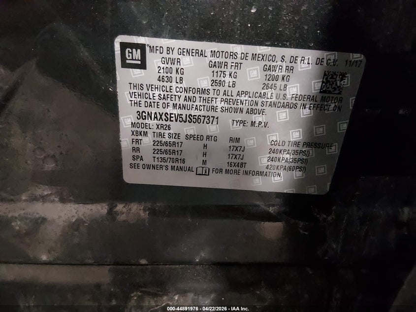 2018 Chevrolet Equinox VIN 3GNAXSEV5JS567371 IAAI salvage auction — HAIL, Salvage (Iowa), sold $1,650 on 2026-07-26 (photo 9)