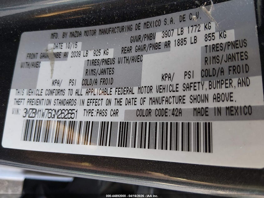 2016 Mazda 3 VIN 3MZBM1W76GM262651 IAAI salvage auction — SIDE, Original (Texas), sold $1,850 on 2026-07-09 (photo 9)