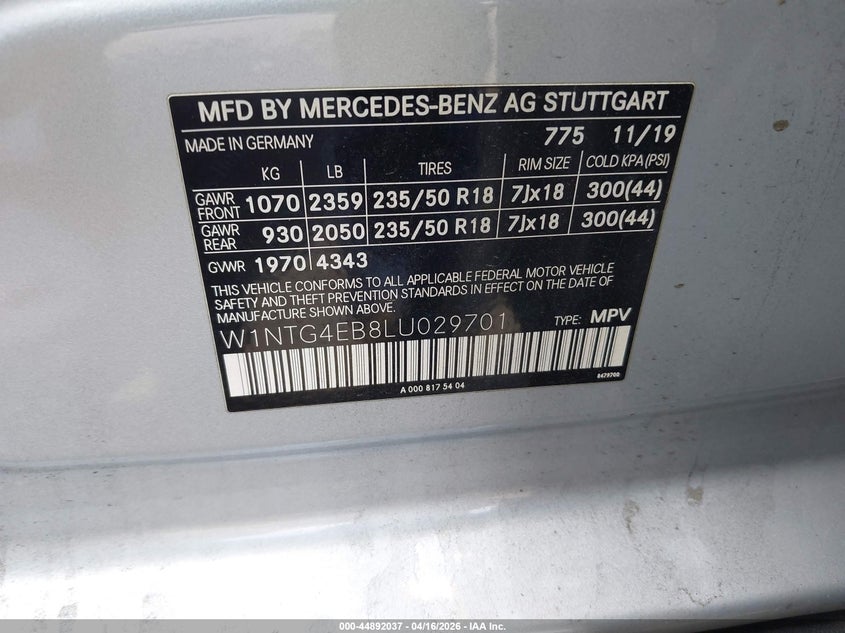 2020 Mercedes-benz Gla-klasse VIN W1NTG4EB8LU029701 IAAI salvage auction — LEFT FRONT, Salvage Certificate (California), sold $4,600 on 2026-07-24 (photo 9)