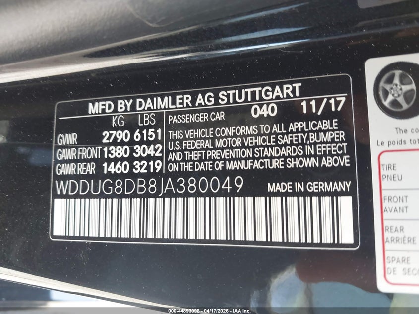 2018 Mercedes-benz S-klasse VIN WDDUG8DB8JA380049 IAAI salvage auction — SIDE, Salvage (California), sold $25,325 on 2026-08-19 (photo 9)