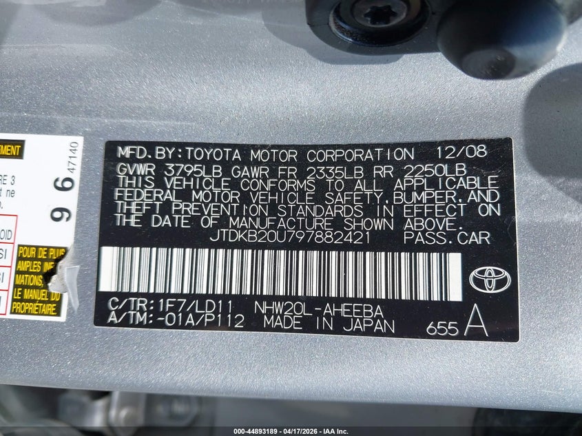 2009 Toyota Prius VIN JTDKB20U797882421 IAAI salvage auction — UNDERCARRIAGE, Salvage (California), sold $1,050 on 2026-07-13 (photo 9)