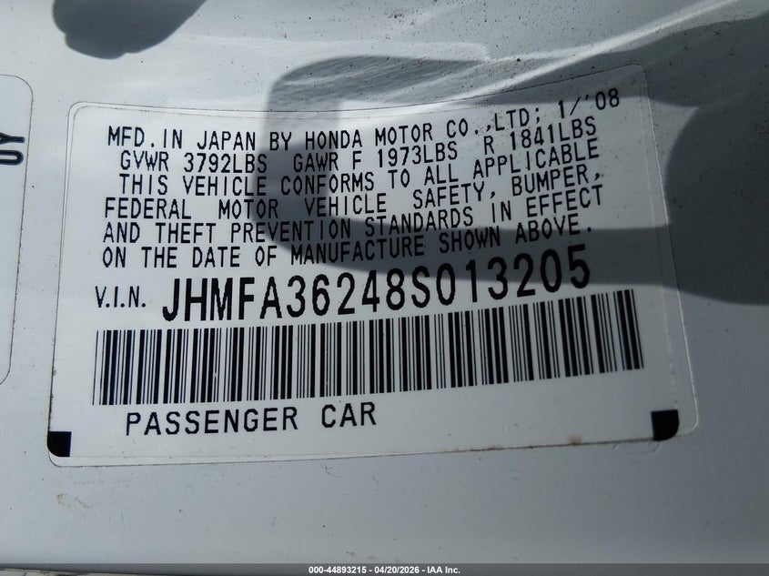 2008 Honda Civic VIN JHMFA36248S013205 IAAI salvage auction — LEFT FRONT, Clear (Hawaii), sold $800 on 2026-07-07 (photo 9)