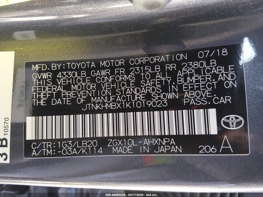 2019 Toyota C-hr VIN JTNKHMBX1K1019023 IAAI salvage auction — FRONT END, Salvage Title, sold $2,875 on 2026-07-17 (photo 9)
