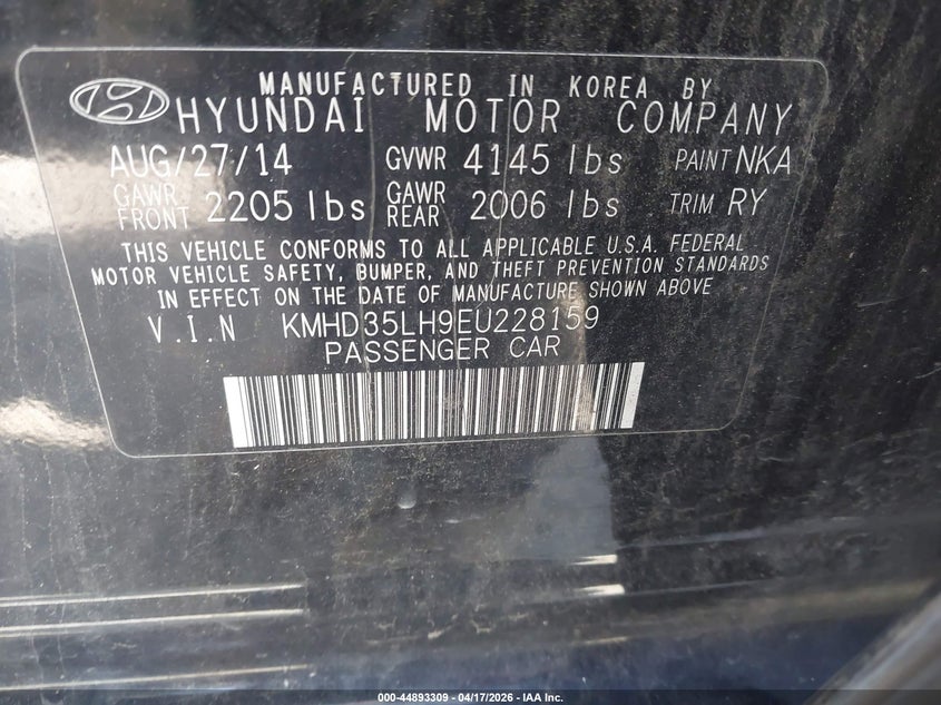 2014 Hyundai Elantra VIN KMHD35LH9EU228159 IAAI salvage auction — THEFT, Salvage Title, sold $700 on 2026-07-09 (photo 9)