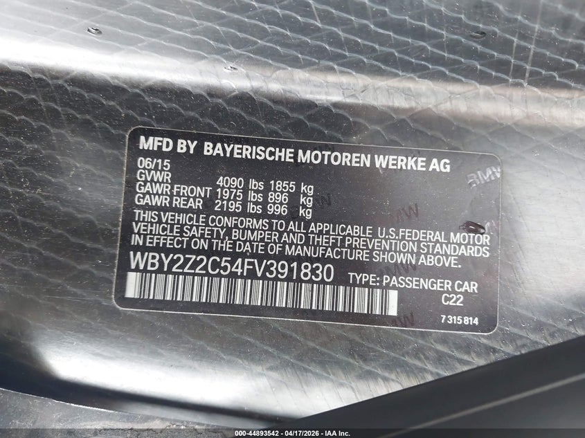 2015 BMW I8 VIN WBY2Z2C54FV391830 IAAI salvage auction — FRONT END, Salvage Title, sold $9,800 on 2026-07-14 (photo 9)