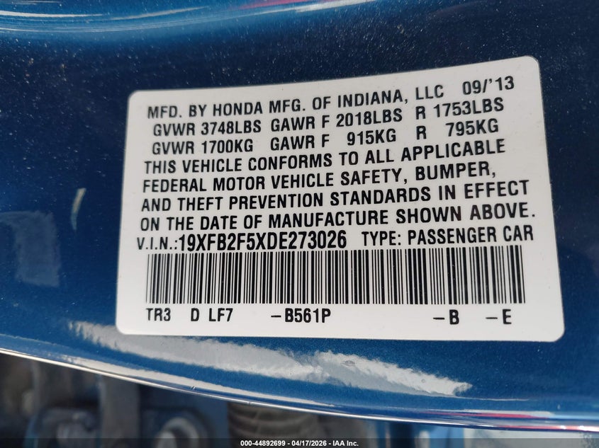 2013 Honda Civic VIN 19XFB2F5XDE273026 IAAI salvage auction — RIGHT FRONT, Salvage Title, sold $2,175 on 2026-07-09 (photo 9)